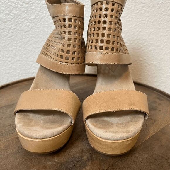 Loeffler Randal Tan Leather Woven Wooden Platform Sandals Women's Size 10 - Picture 3 of 8